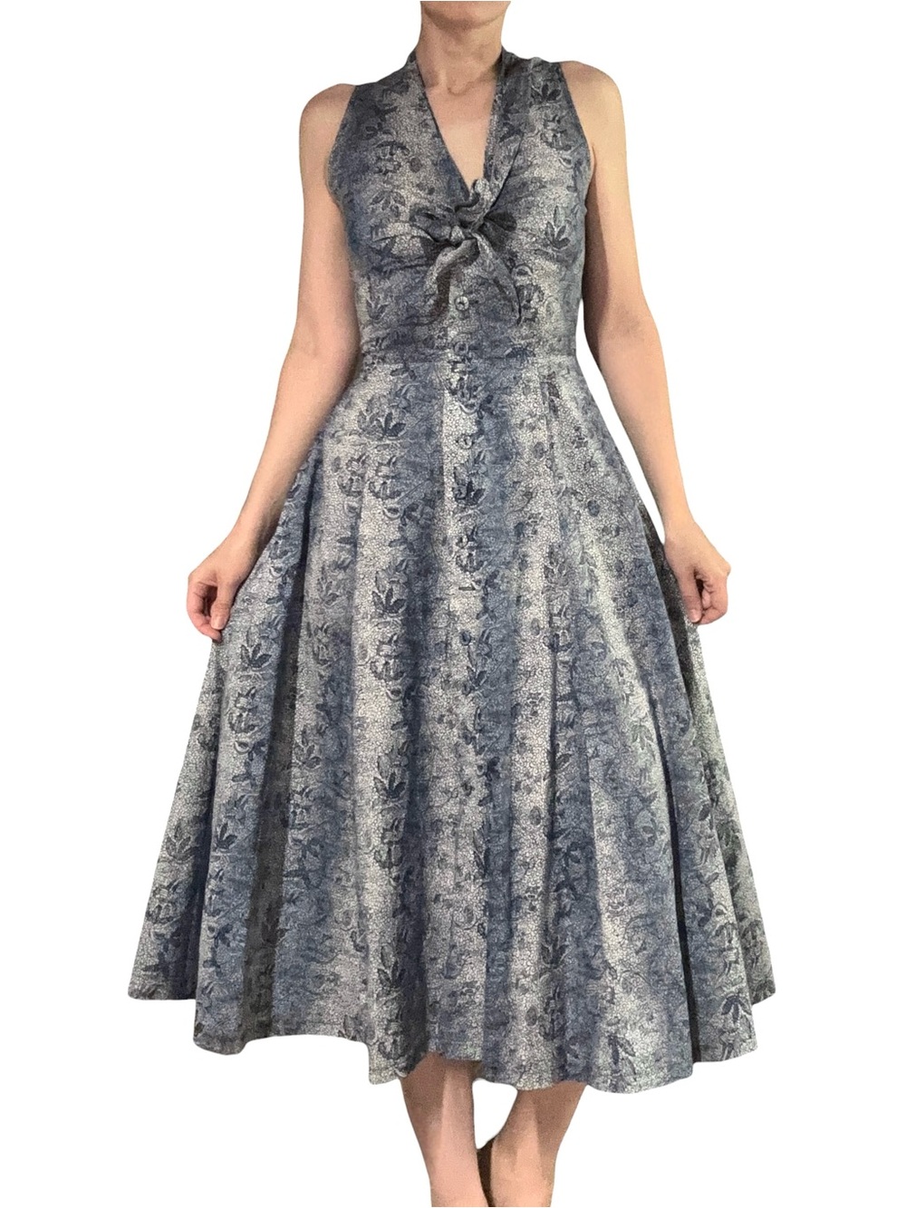 Paul Alexander | Vintage Button Front Knot Chest A-Line Midi Dress with Pockets